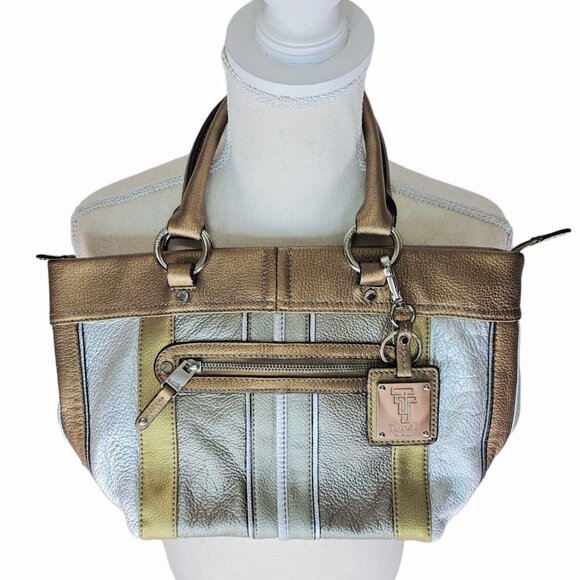Tignanello Metallic Pebbled Leather Shoulder Bag Gold Silver Bronze Zip With Tag - Picture 2 of 13